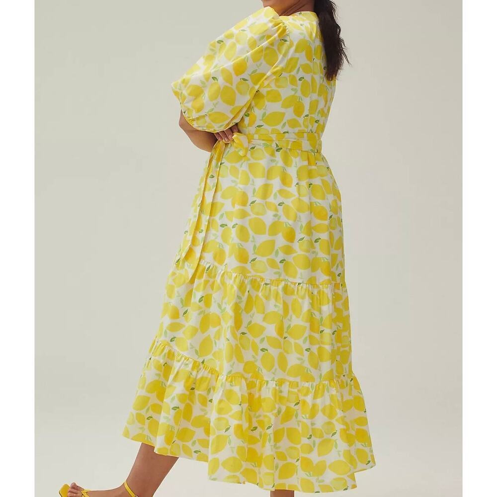 Anthropologie Hutch Tiered Wrap Midi Dress Lemon Yellow Size Medium - Picture 2 of 13